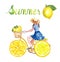Watercolor cute yellow bicycle with lemon wheels. Summer bike ride illustration with young girl and lemons on white background.