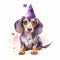 Watercolor dachshund wearing a purple party hat