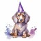 Watercolor dachshund wearing a purple party hat on white background