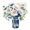 Watercolor Daisy Flowers In Vase: Charming Illustrations In Azure And White