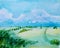 Watercolor daytime rural landscape with green meadows, footpath and hill with forest