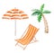 Watercolor deckchair, parasol and palm set isolated on white background. Summer beach Tourism hand drawn illustration