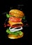 Watercolor deconstructed hamburger on black background. Watercolor cheeseburger with tomato, onion and leaves. Fast food