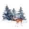 Watercolor deer in winter forest. Hand painted Christmas illustration with animal and fir trees isolated on white