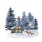 Watercolor deers and house in winter forest. Hand painted Christmas illustration with animals and fir trees isolated on