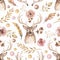 Watercolor delicate pink flower and forest deer background. Modern seamless pattern with leaves, flowers, feathers, beads and deer