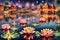 Watercolor Depiction of Diwali Celebration, Lotus Flowers Floating on a Tranquil Pond, Diyas (Oil Lamps)
