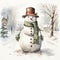 watercolor depiction of Frosty Snowman, his scarf, hat, carrot nose embodying whimsy and magic of a Christmas wonderland