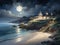 Watercolor depiction on a moonlit seaside at night with a cottage, beach, rocks, shmimmering sea, sky, clouds