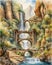 Watercolor depicts a scene in the middle of a canyon is a waterfall with a bridge in the background