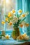 This watercolor depicts spring flowers such as daffodils and delicate lilies of the valley, symbolizing the awakening of