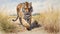 Watercolor depicts a tiger strolling in tall grass on beige