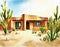 Watercolor of Desert home with cactus and rock garden