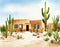 Watercolor of Desert home with cactus and rock garden