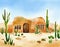 Watercolor of Desert home with cactus and rock garden