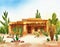 Watercolor of Desert home with cactus and rock garden