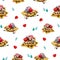 Watercolor desserts and berries seamless pattern. Background with belgian waffle.