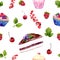 Watercolor desserts seamless pattern with cakes, red currant and cherries.