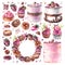 Watercolor desserts set with cupcake, cake, strawberries, chocolate, nuts on a white background