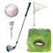 Watercolor different golf elements set. Golf illustration with Hole Course, tee, golf club, golf ball, flagstick and grass isolate