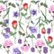 Watercolor different meadow flowers. Floral seamless pattern for design.