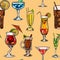 Watercolor digital illustration seamless pattern of cocktails of different shapes and colors on background