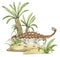 Watercolor dinosaur illustration with prehistoric landscape. Hand drawn Ankylosaurus