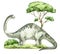 Watercolor dinosaur illustration with prehistoric landscape. Hand drawn Brontosaurus