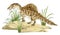 Watercolor dinosaur illustration with prehistoric landscape. Hand drawn Spinosaurus