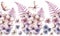 Watercolor dirty pink and blue hydrangea flowers, butterfly and fern seamless border. garden florals repeat pattern