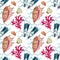 Watercolor diving pattern, flippers, seashell, coral, waves on white background. For summer, sport product, wrapping etc