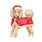 Watercolor dog in red Santa Claus clothes. Smiling poodle in a C