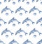 Watercolor Dolphins background. Hand painted watercolor pattern with stylized blue dolphin