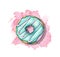 Watercolor donut with green mint glaze on pink stain