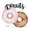 Watercolor donuts and ink hand lettering on a white background.