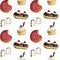Watercolor donuts seamless pattern. Chocolate, red, white glazed donuts, marshmallow. For a kitchen, textile, backery