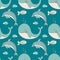 Watercolor doodle fishes seamless pattern on cyan blue background for fabric, paper, scrapbooking, wrapping