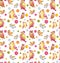 Watercolor Dots and Bright Funny Birds Seamless Pattern