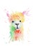 Watercolor drawing of an animal - alpaca, drops, splashes