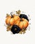 Watercolor drawing of autumn composition, pumpkins and autumn flowers, white background