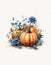 Watercolor drawing of autumn composition, pumpkins and autumn flowers, white background