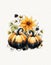 Watercolor drawing of autumn composition, pumpkins and autumn flowers, white background