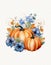 Watercolor drawing of autumn composition, pumpkins and autumn flowers, white background