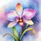 watercolor drawing of beautiful rainbow orchid, on a wintry background.