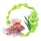 Watercolor drawing circle frame from curved ribbon algae and lionfish isolated on white background. Underwater