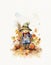 watercolor drawing of cute vintage scarecrow birds, autumn holiday