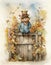 watercolor drawing of cute vintage scarecrow birds, autumn holiday