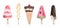 Watercolor drawing of five varieties of ice cream on white background. Food illustration. Print on bag