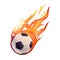 Watercolor drawing of flying football ball black and white with orange fiery flame. Scillfully painted ball isolated on