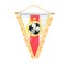 Watercolor drawing of football pennant with ball black and white and yellow stars. Red and white lines of streamer